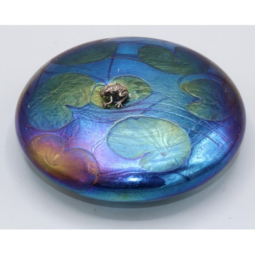 416 - John Ditchfield Glasform iridescent glass paperweight, lily pad surmounted by hallmarked silver frog... 