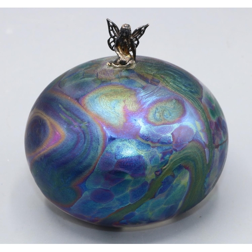 417 - John Ditchfield Glasform spherical iridescent glass paperweight, surmounted by a hallmarked silver f... 