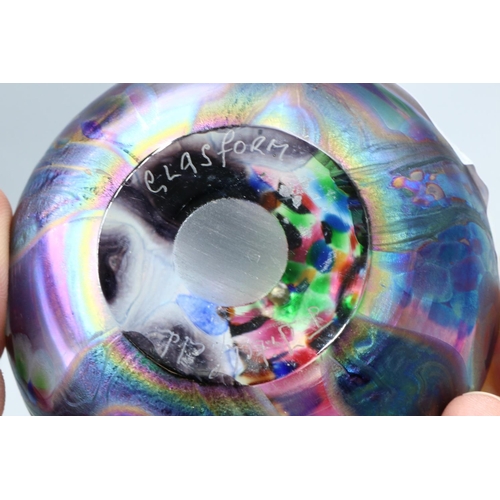 417 - John Ditchfield Glasform spherical iridescent glass paperweight, surmounted by a hallmarked silver f... 