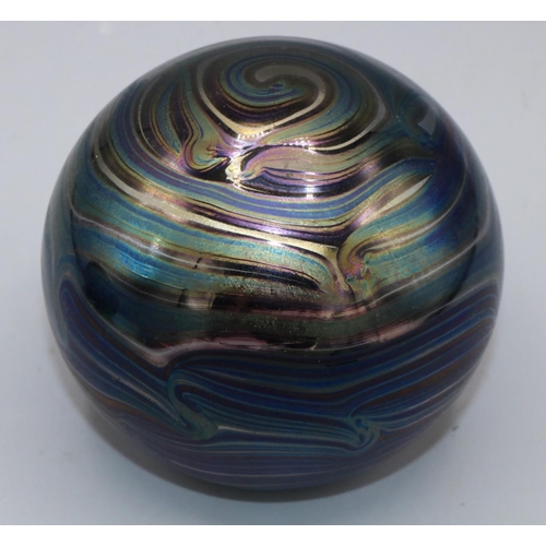 418 - John Ditchfield Glasform spherical iridescent glass paperweight, H8.5cm