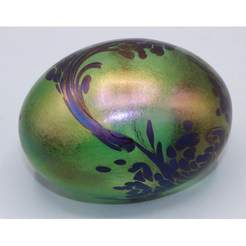 419 - John Ditchfield Glasform ovoid iridescent glass paperweight, L9.5cm