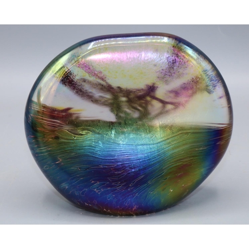 421 - John Ditchfield Glasform iridescent glass paperweight of compressed ovoid form, L12cm