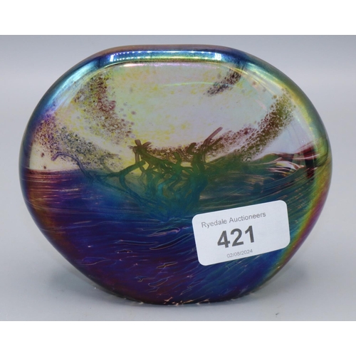 421 - John Ditchfield Glasform iridescent glass paperweight of compressed ovoid form, L12cm