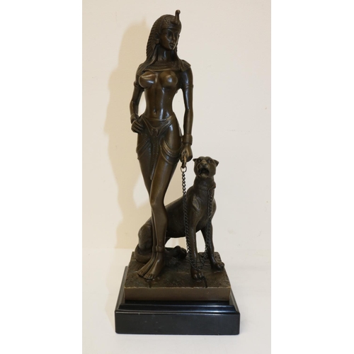 430 - French School, patinated bronze sculpture of Cleopatra with leopard, veined marble base, H27cm, foun... 