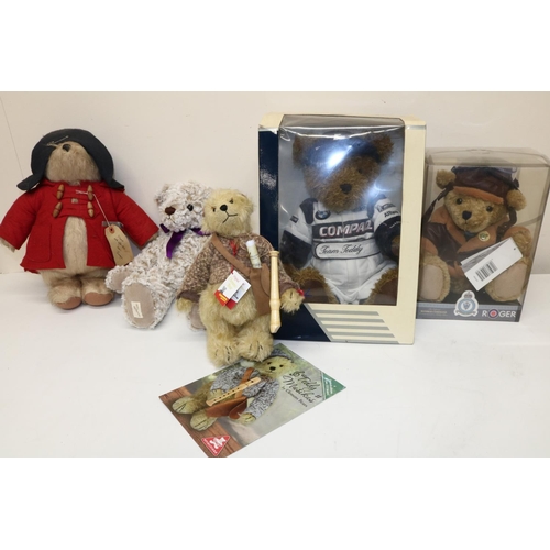 495 - Collection of teddy bears, comprising Roger Bomber Command commemorative teddy bear; BMW/Williams F1... 