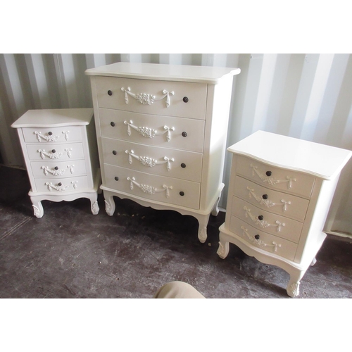 716 - White finished serpentine front chest of four drawers, on cabriole legs and a pair of matching four ... 