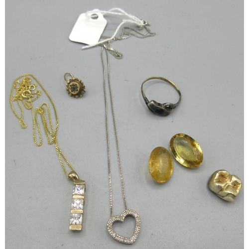 101 - 9ct yellow gold pendant set with clear stones, on 9ct yellow gold chain, both stamped 375, a 9ct whi... 