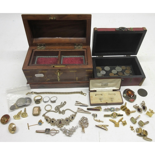 181 - Collection of modern and vintage costume jewellery, old coinage and two jewellery boxes