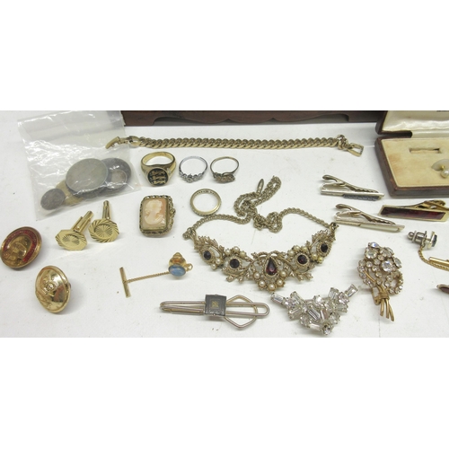 181 - Collection of modern and vintage costume jewellery, old coinage and two jewellery boxes