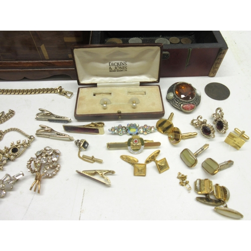 181 - Collection of modern and vintage costume jewellery, old coinage and two jewellery boxes