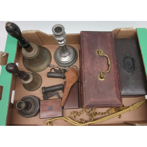 223 - 20th century school bell, H25cm; smaller bell, H20cm; two jewellery boxes etc