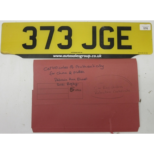 576 - Cherished number plate 373 JGE, on retention, with DVLA V778 Retention Document