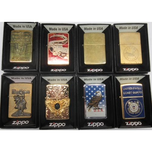 664 - Zippo lighter, 29244 Great Wall of China; 204B REG BR FN BRS WO/SB and six other Zippo lighters