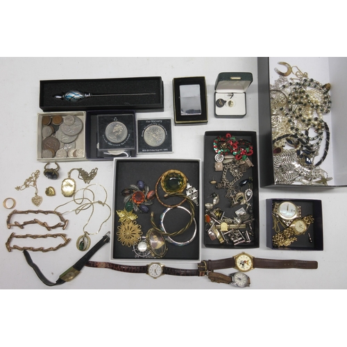 703 - Collection of costume jewellery including watches, brooches, necklaces etc. and three jewellery boxe... 