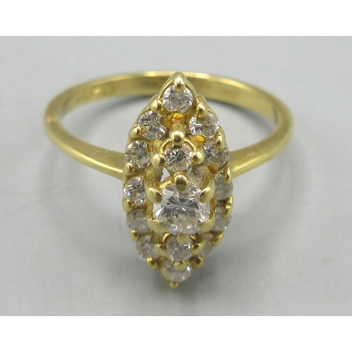 89 - 18ct yellow gold diamond marquis cluster ring, stamped 750,  size M, 3.13g