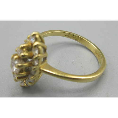 89 - 18ct yellow gold diamond marquis cluster ring, stamped 750,  size M, 3.13g