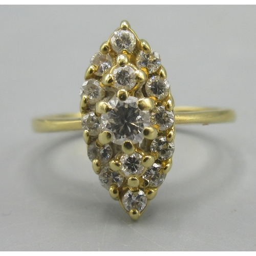 89 - 18ct yellow gold diamond marquis cluster ring, stamped 750,  size M, 3.13g