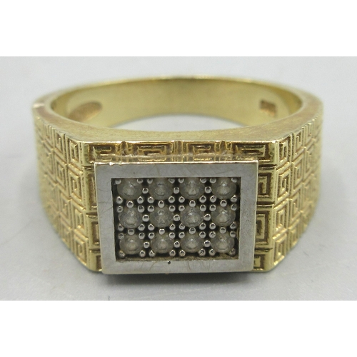 91 - 14ct yellow gold gents ring with square rectangular face set with clear stones, on Greek key engrave... 