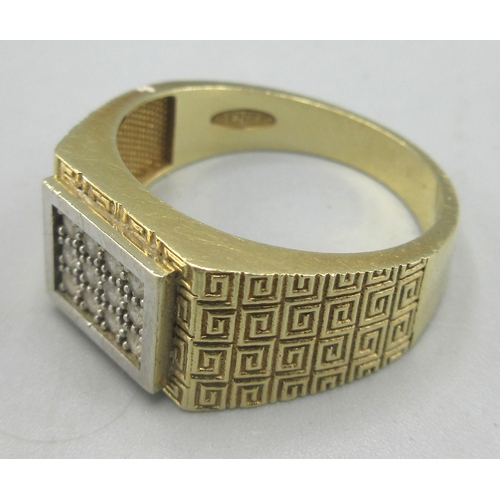 91 - 14ct yellow gold gents ring with square rectangular face set with clear stones, on Greek key engrave... 