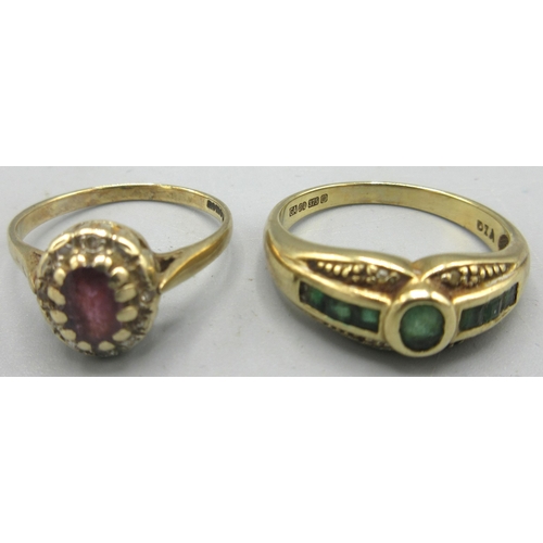 95 - 9ct yellow gold ring set with ruby, size M, and a 9ct yellow gold ring set with emeralds, size P, bo... 