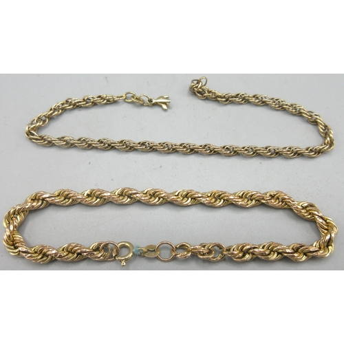 96 - 9ct multi tone gold rope twist bracelet, L19.5cm, and a 9ct yellow gold necklace (A/F), both stamped... 