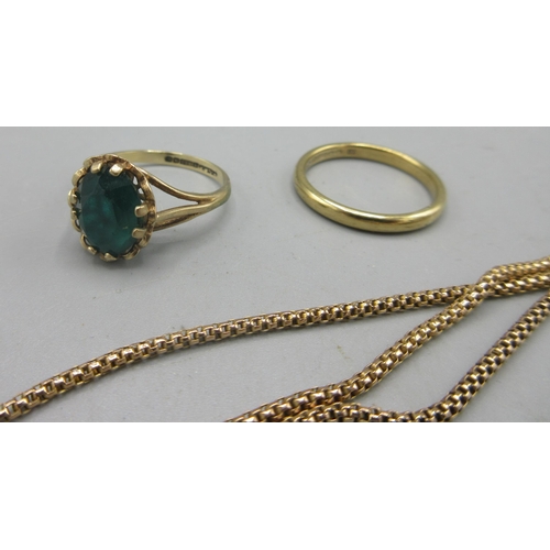 97 - 9ct gold ring set with green stone, size L, a 9ct yellow gold wedding band, size M, both stamped 375... 