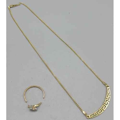 99 - 14ct yellow gold necklace with Greek Key design, stamped 585, L46cm, 6.09g, and a scrap 18ct gold  d... 