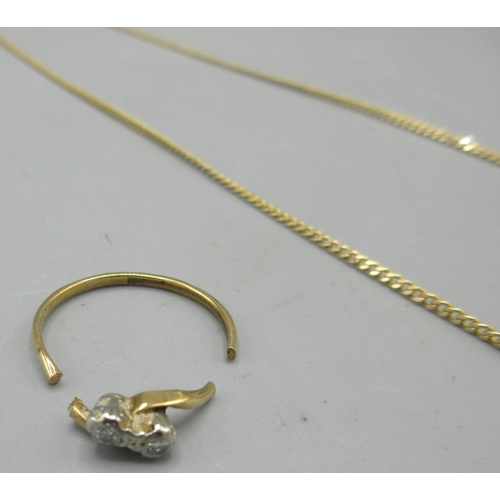 99 - 14ct yellow gold necklace with Greek Key design, stamped 585, L46cm, 6.09g, and a scrap 18ct gold  d... 