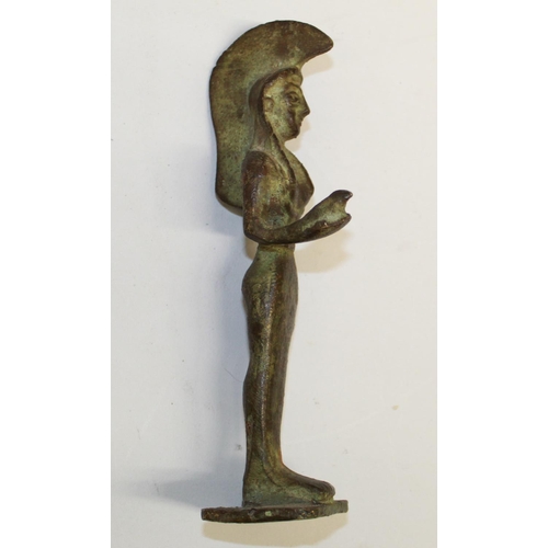 557 - Cast bronze figure of Goddess Athena with owl, with significant patina to extremities