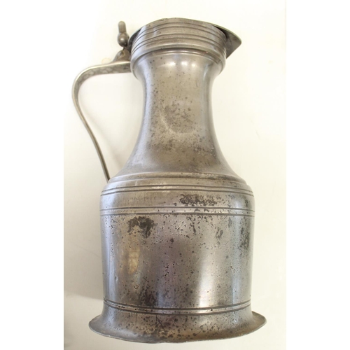 564 - Large pewter wine jug with lid, two miniature 19th century picture frames, unusual pewter bottle ope... 