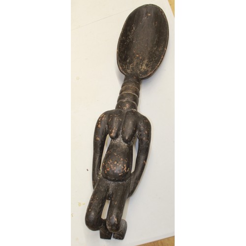 625 - Large carved wooden ceremonial fertility ladle, likely originating from the Dan peoples, with age-re... 