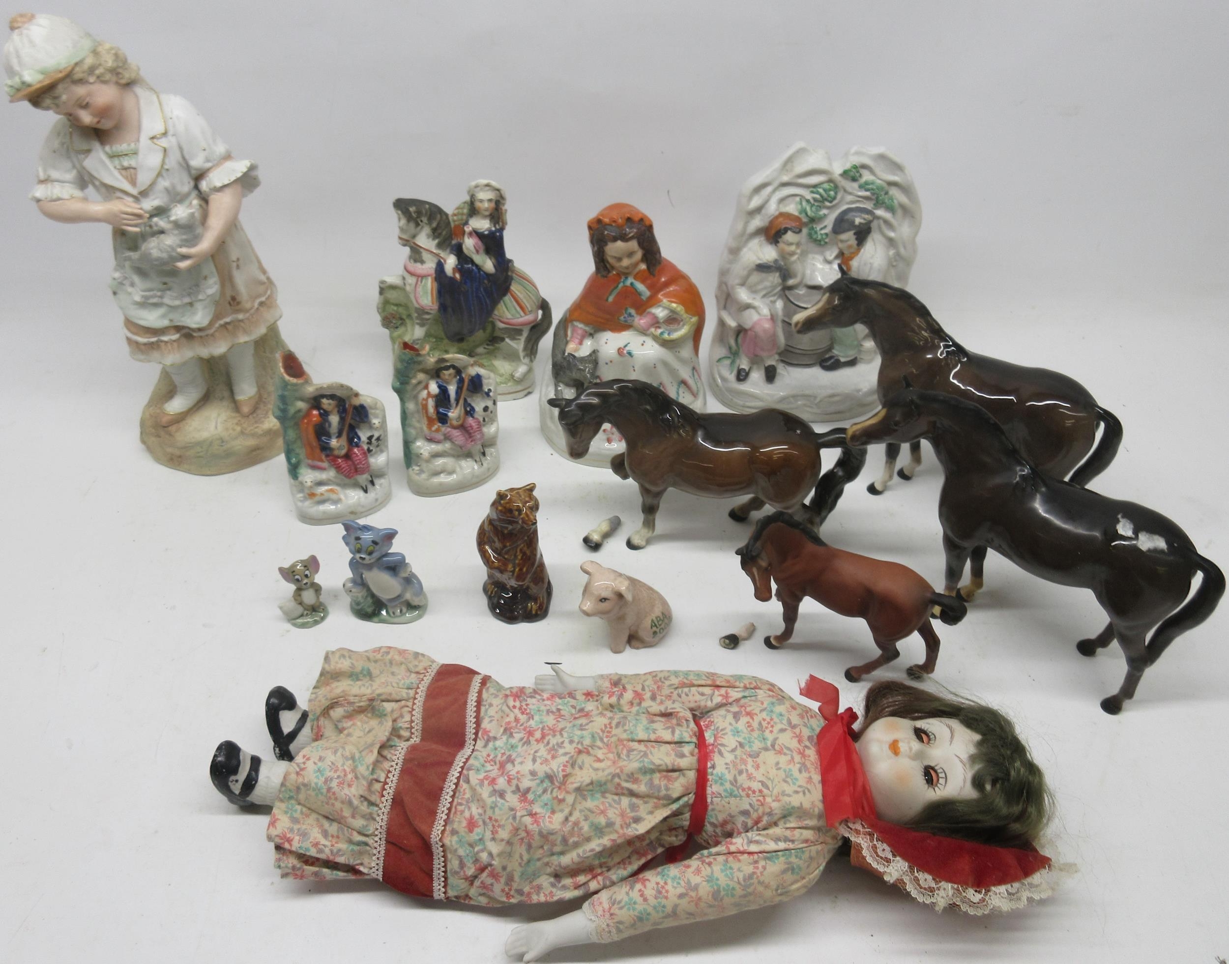 Three Beswick chestnut horses; Royal Doulton horse; bisque headed doll ...