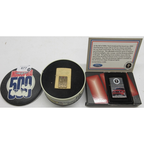 677 - Zippo lighter Indianapolis 500 in presentation tin and Zippo lighter 20974 Ford Mustang Front limite... 