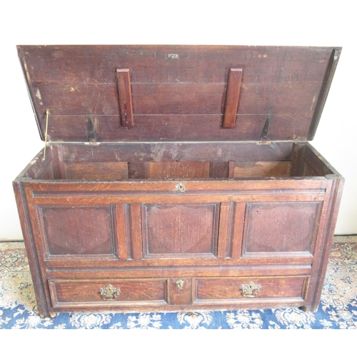 252 - 18th century oak Mule chest, hinged top and three panel front above a long drawer, W137cm D50cm H73c... 