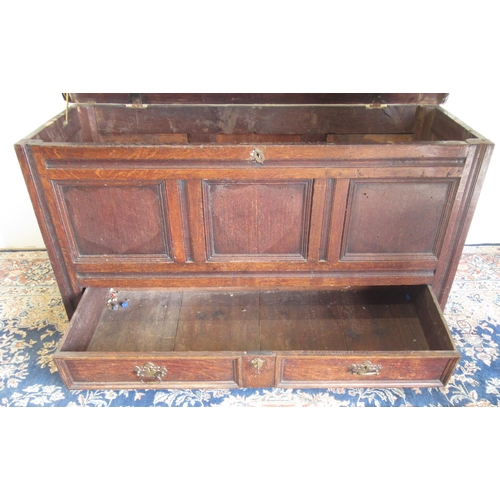 252 - 18th century oak Mule chest, hinged top and three panel front above a long drawer, W137cm D50cm H73c... 