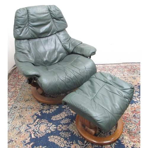 596 - Stressless green leather Eckornes recliner chair and matching footstool (2)