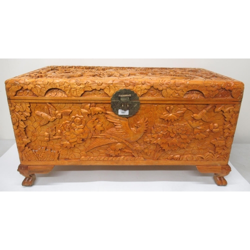 597 - Chinese blanket box, all over carved with exotic birds and foliage, on cabriole legs, W88cm D42cm H4... 