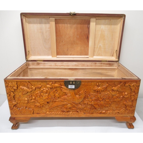 597 - Chinese blanket box, all over carved with exotic birds and foliage, on cabriole legs, W88cm D42cm H4... 