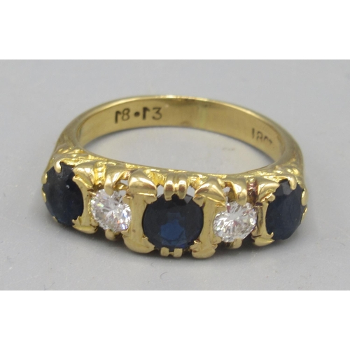 608 - 18ct yellow gold five stone sapphire and diamond ring, the three sapphires and two diamonds set in o... 