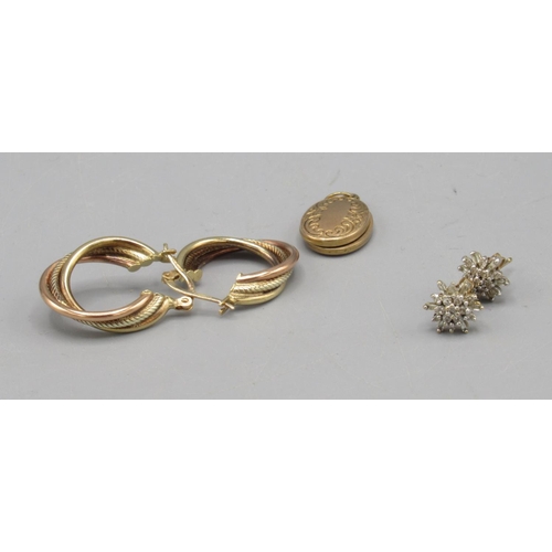 610 - Pair of 9ct yellow gold multi tone earrings, stamped 9k, a small 9ct gold locket, stamped 375, and a... 