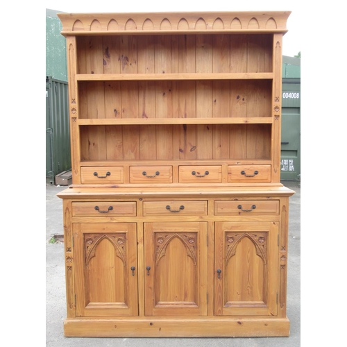 619 - 20th century pine Gothic design dresser, open shelves over four drawers, over three drawers and thre... 