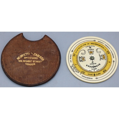 131 - Early 20th century Negretti & Zamba pocket forecaster, patent number 6276/15 in original crocodile e... 