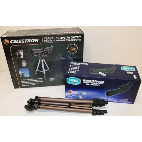 310 - Celestron 70mm compact telescope, Bresee Spotting Scope, and a tripod (3)