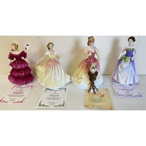 384 - Royal Doulton figures: Deborah HN3644, Jennifer HN3447, Jessica HN3850, and Sarah HN3380, with certi... 