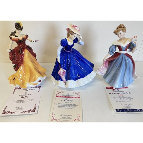 385 - Royal Doulton figures: Amy HN3316, Belle HN3703, and Mary HN3375, with certificates and boxes (3)