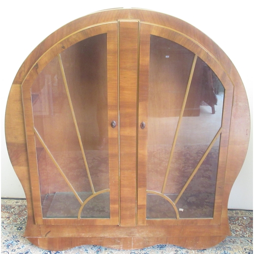 119 - Art Deco walnut arched top display cabinet, with two sunrise moulded glazed doors, W120cm D31cm H128