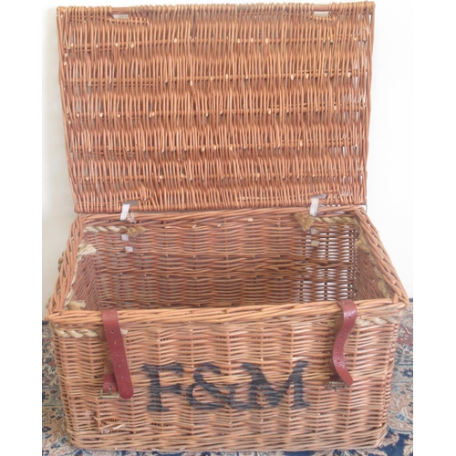 255 - Large wicker Fortnum and Mason basket with two leather straps and rope handles, front stencilled F&M... 