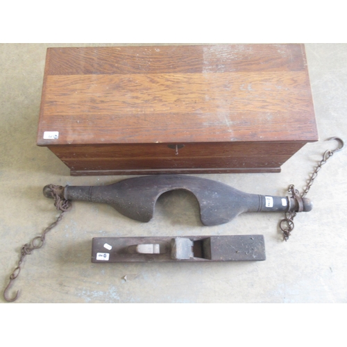 641 - Oak carpenter's box with a pair of lift out trays, W76.5cm; early 20th Century jack plane and milkma... 