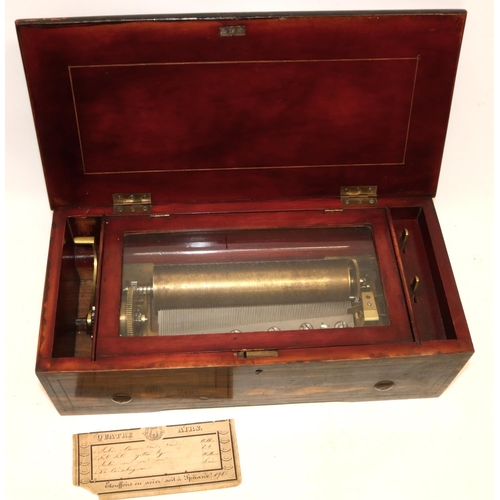 143 - 19th century Swiss cylinder music box, playing four airs, in rosewood and scumbled case with inlaid ... 