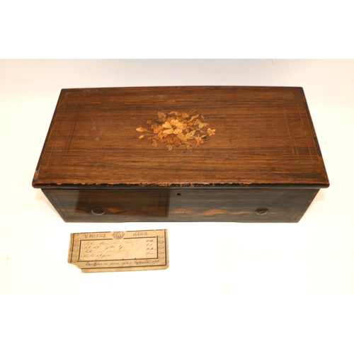 143 - 19th century Swiss cylinder music box, playing four airs, in rosewood and scumbled case with inlaid ... 